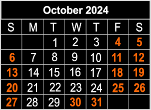 October 2024 calendar of operating dates